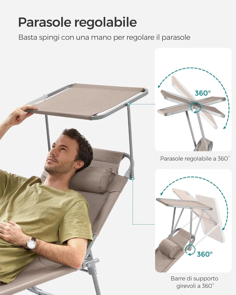 SONGMICS Lettini Prendisole, Set di 2 Sedie a Sdraio Pieghevole, 193 x 53 x 29 cm, Portata 150 kg, Poggiatesta Parasole Schienale Reclinabile, per Terrazzo Piscina Giardino, Tortora GCB192K02