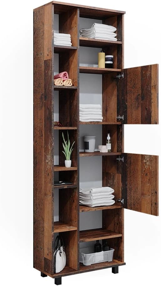 Armadio per il bagno Ilias, Rovere rustico, 60 x 190 cm con ante e vani a giorno, con ripiani regolabili per una conservazione ordinata