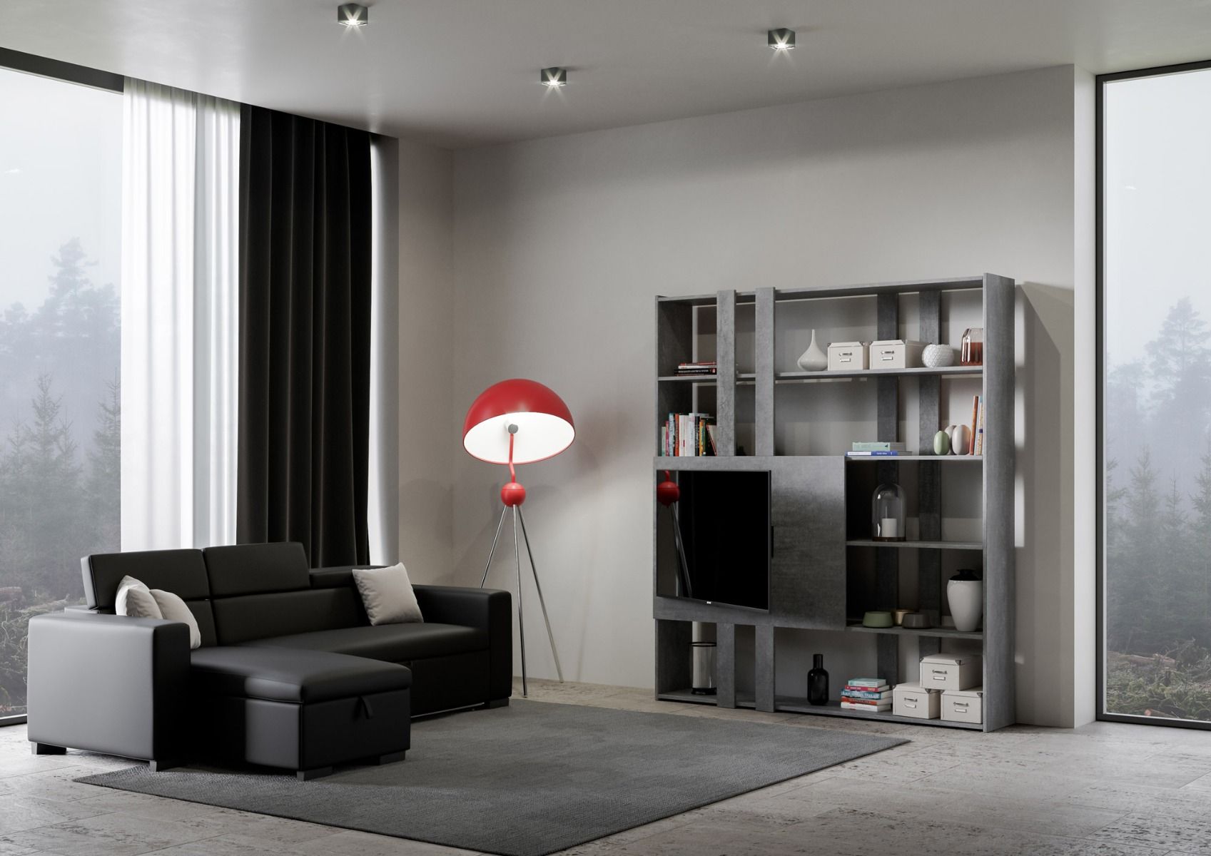 Libreria Moderna 5 Ripiani con Pannello per TV 178x36x204 cm in nobilitato Grigio
