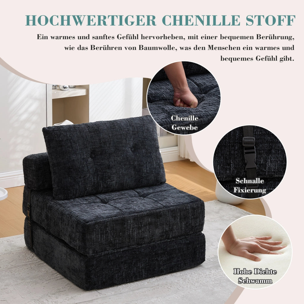 Divano letto pieghevole in chenille nero con cuscino testa e lombare