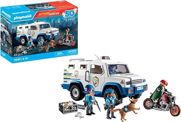 Action Heroes Furgone Portavalori, inseguimento mozzafiato, tra cui tre poliziotti, un ladro in moto e un cane poliziott