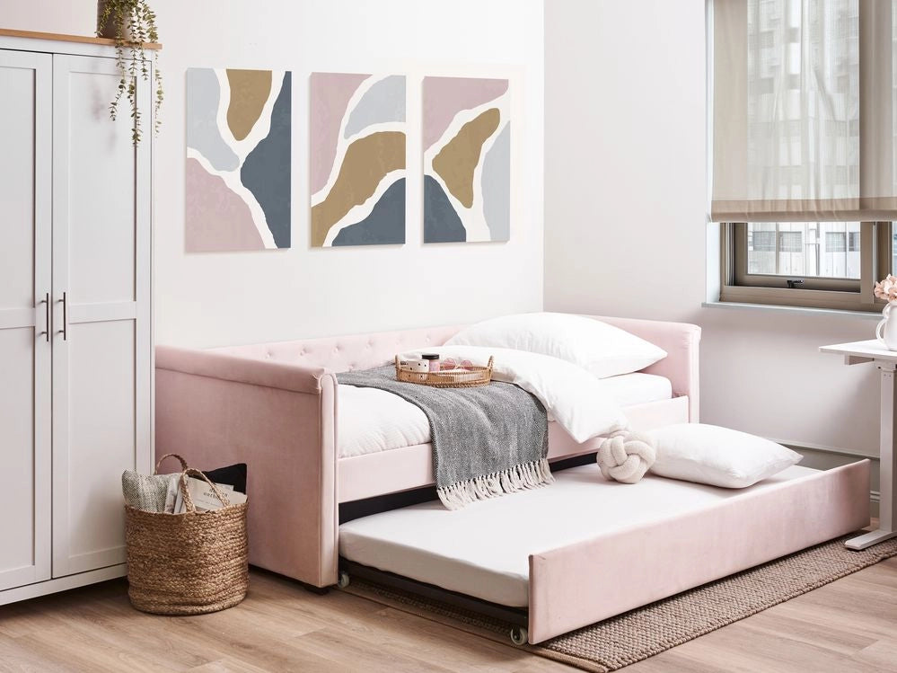Letto singolo con letto aggiuntivo a scomparsa in velluto 90 x 200 cm rosa pastello cameretta stile moderno