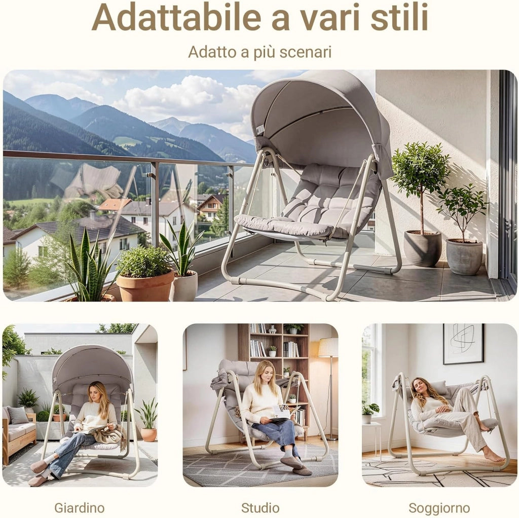 Dondolo da Giardino Poltrona Relax con Parasole Regolabile Amaca da Giardino Sedia a Dondolo per Esterni e Interni Poltrona Sospesa Beige 108x126x163 cm OGS62-MI