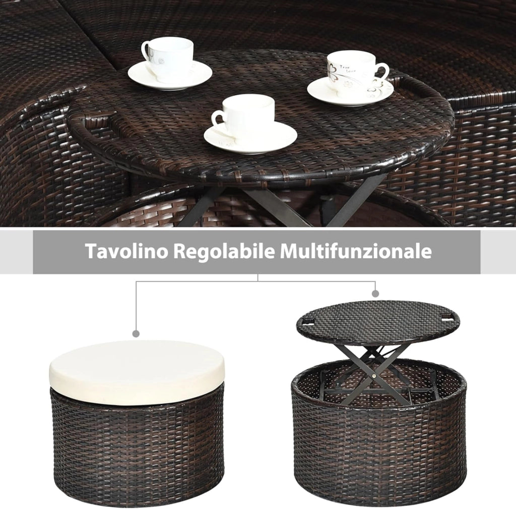 Letto Isola da Giardino, Divano Prendisole con Tettuccio Retrattile, con Sedili Cuscini Impermeabili Sfoderabili, Tavolino Regolabile in Altezza (Beige)