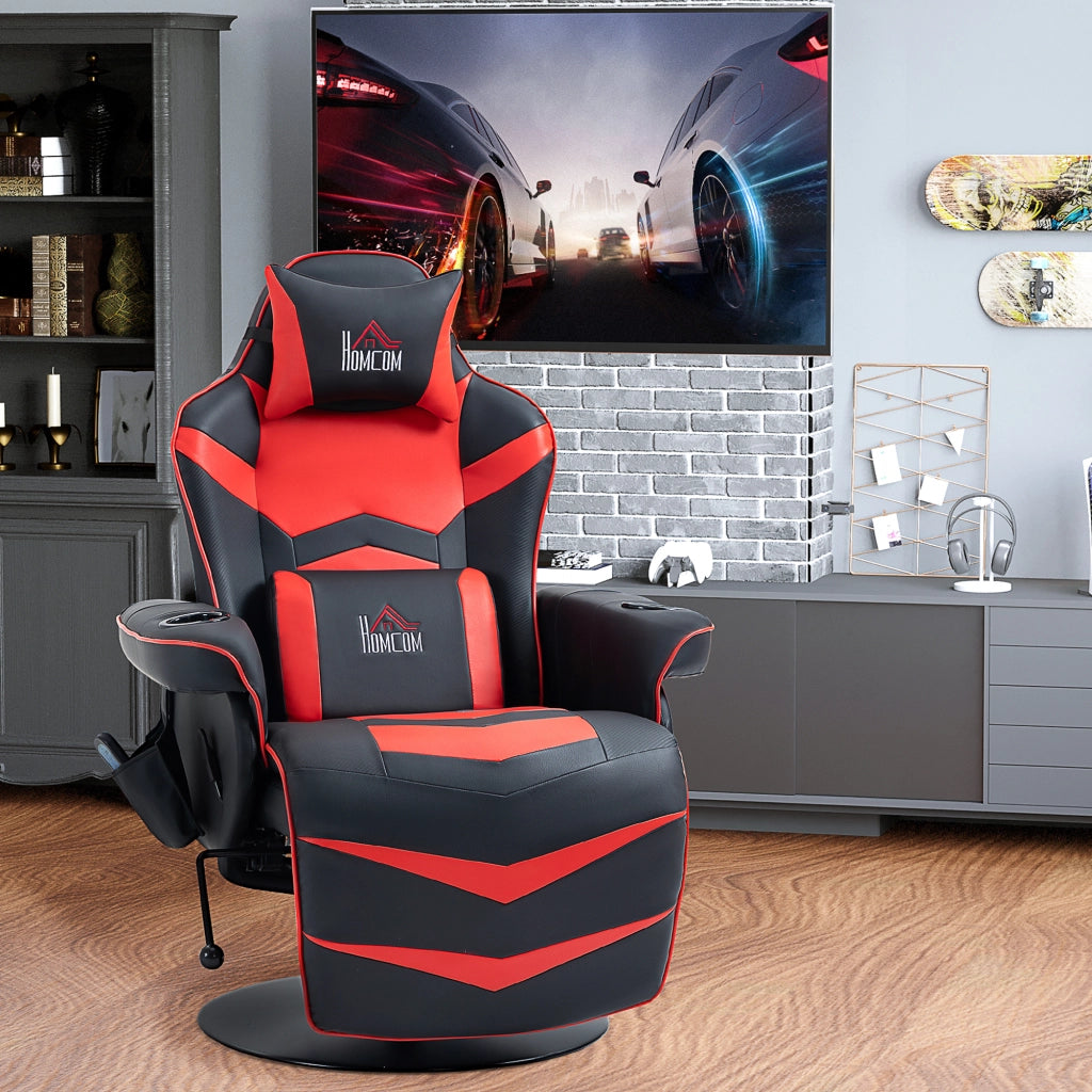 Sedia da Gaming Massaggiante con Poggiapiedi e Cuscino, in Finta Pelle, 78x80x111.5 cm, Nero e Rosso