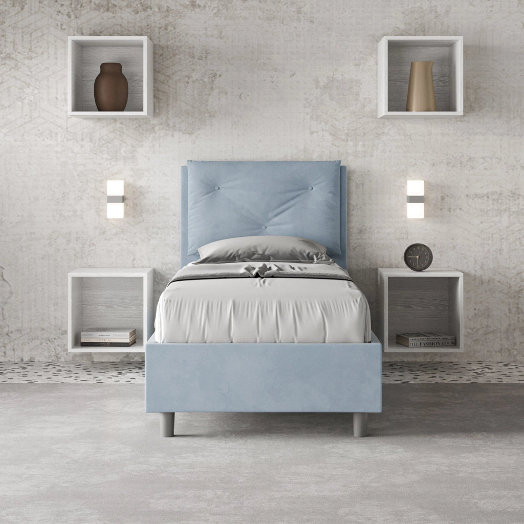BS COM Letto singolo con rete imbottito 90x210 microfibra azzurro