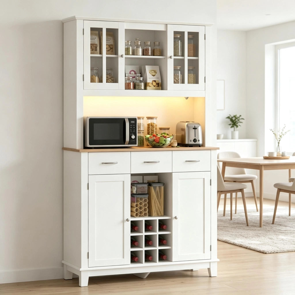 Dispensa alta con LED RGB, 2 ante in vetro, 3 cassetti e portabottiglie, per cucina, bianco, 100 × 39,5 × 180 cm