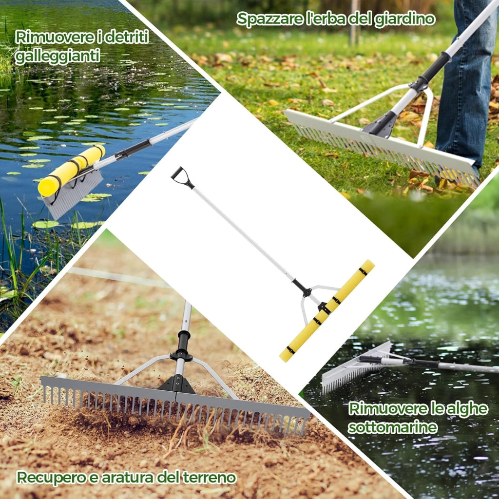 Rastrello da Lago in Alluminio, Rastrello da Giardino 36 Denti con Testa del Rastrello 92 cm, Manico Telescopico Regolabile e 600 cm Corda da Lancio per Ambienti Terra/Acqua, 230 x 92 cm