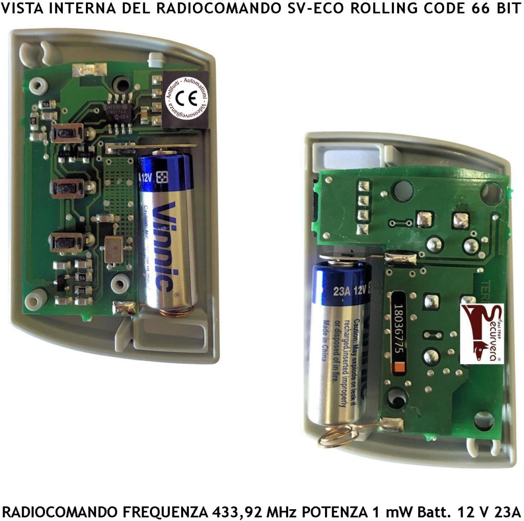 Comando Radio 2 Pezzi Frequenza 433,92 MHz Potenza 1 mW Portata Aria Libera 60/100 MT 3 Canali Codice Telecomando VDS Rolling Code 66 Bit Batteria 12V 23A Contenitore ABS Tasti Numerati da Pallini