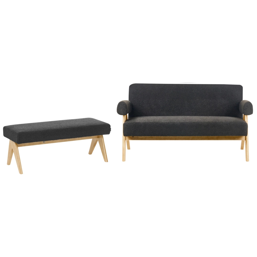 Set di divani Nero e marrone chiaro Divano a 2 posti Panca Boucle Rivestimento Retro Design Gambe di legno Soggiorno