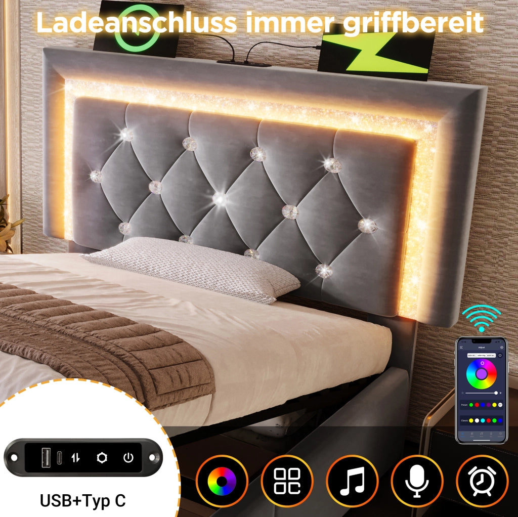 Letto imbottito con LED, ricarica USB e contenitore