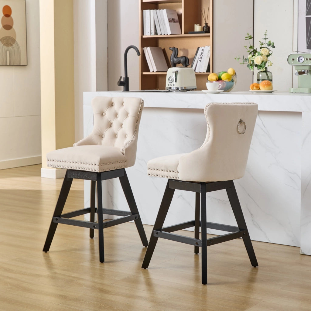 Set di 2 Sgabelli da Bar Girevoli con Schienale Imbottito e Gambe in Legno; per Isola Cucina; Velluto; Beige