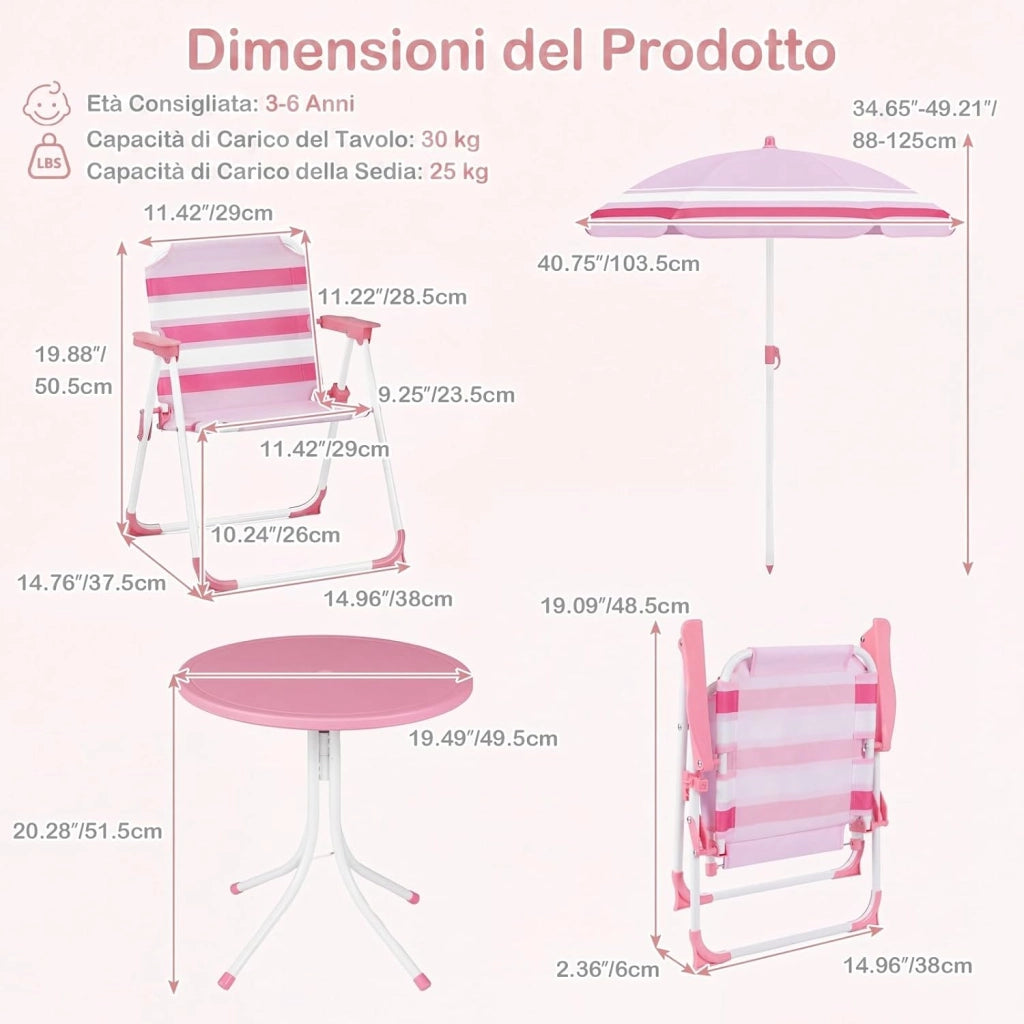 Set Tavolo e Sedie da Giardino per Bambini con Ombrellone (Rosso) | Set da Esterno per Bambini 4 Pezzi con Tavolino Rotondo, 2 Sedie Pieghevoli e Ombrellone Regolabile in Altezza per Campeggio