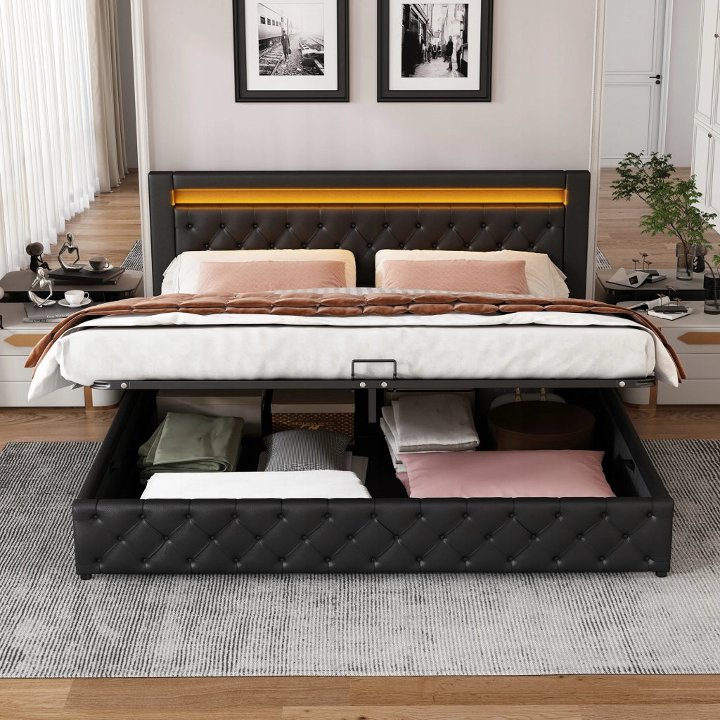 Letto matrimoniale 180x200cm - Xylo - LED, Schowek, PU, Nero