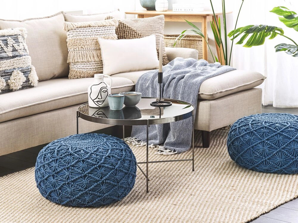 Pouf in cotone imbottito 50 x 30 cm blu scuro con motivo macramé stile boho per camera da letto o soggiorno