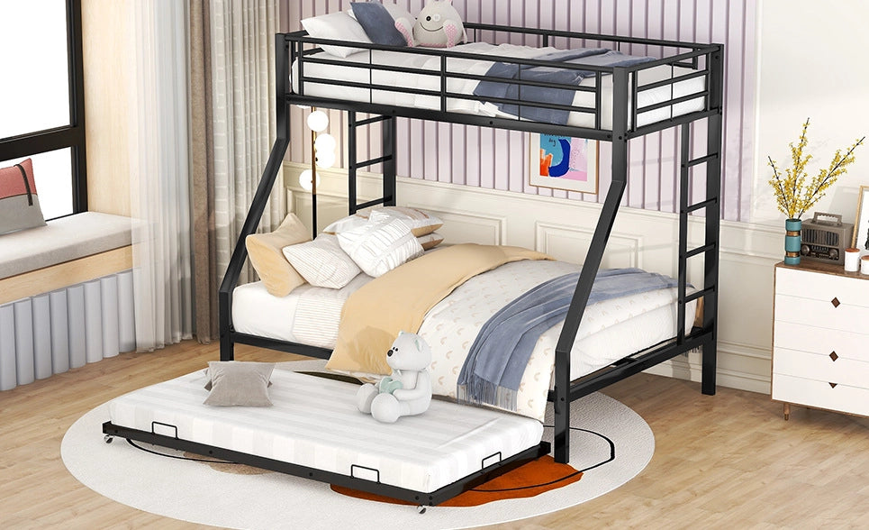 Letto a castello in metallo con letto estraibile e scale laterali, 90(140)x200cm, nero