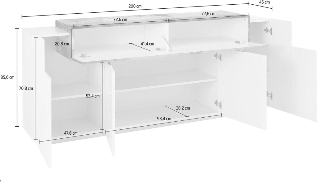 Credenza 4 Ante Battenti + 1 Anta a Ribalta 200x45x85,5 cm Coro Bianco Lucido e Acero Pereira