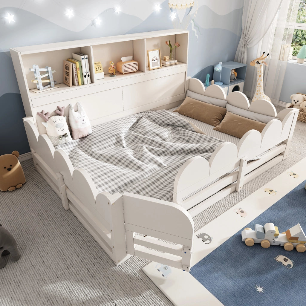 Letto a terra per bambini in legno bianco 140x200 sponde e porta doghe ripiano