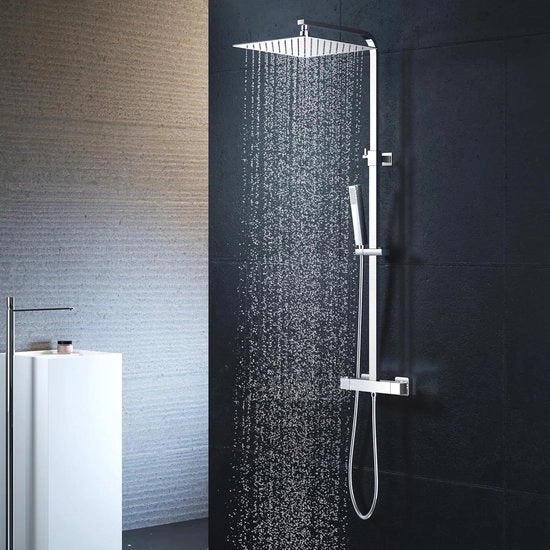 Douchekraan con termostato doccia a pioggia - set completo - chiusura quadrata cromata - acciaio inox 304