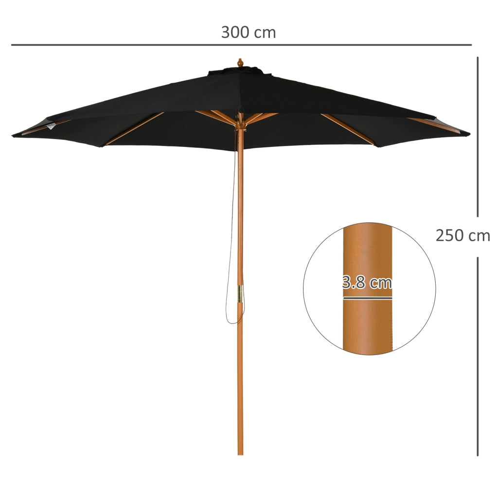 Ombrellone da Giardino 3 m con Palo in Legno 8 Stecche e Parasole in Poliestere Nero