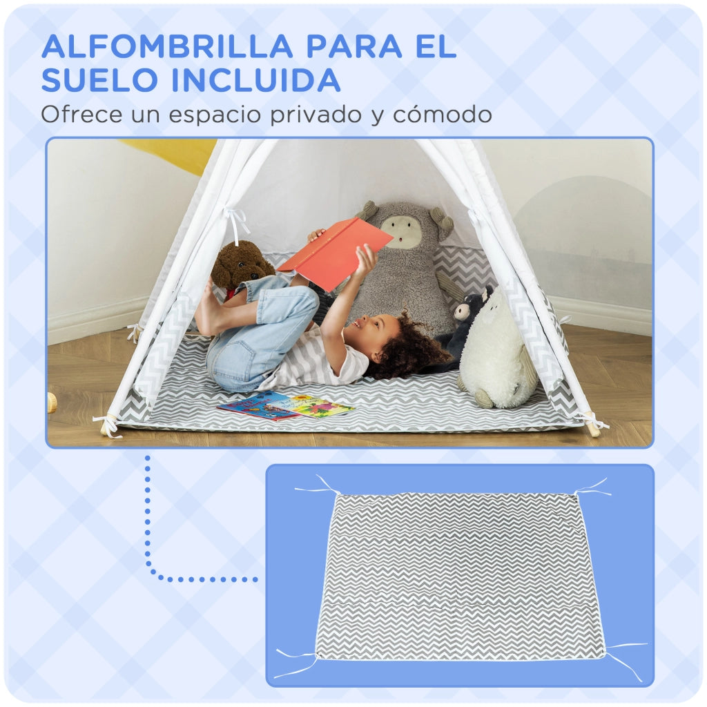 Casetta Tipi per Bambini in Legno con Ventana e Colchoneta ¨C Zephmum ¨C Grigio 120x120x155 cm