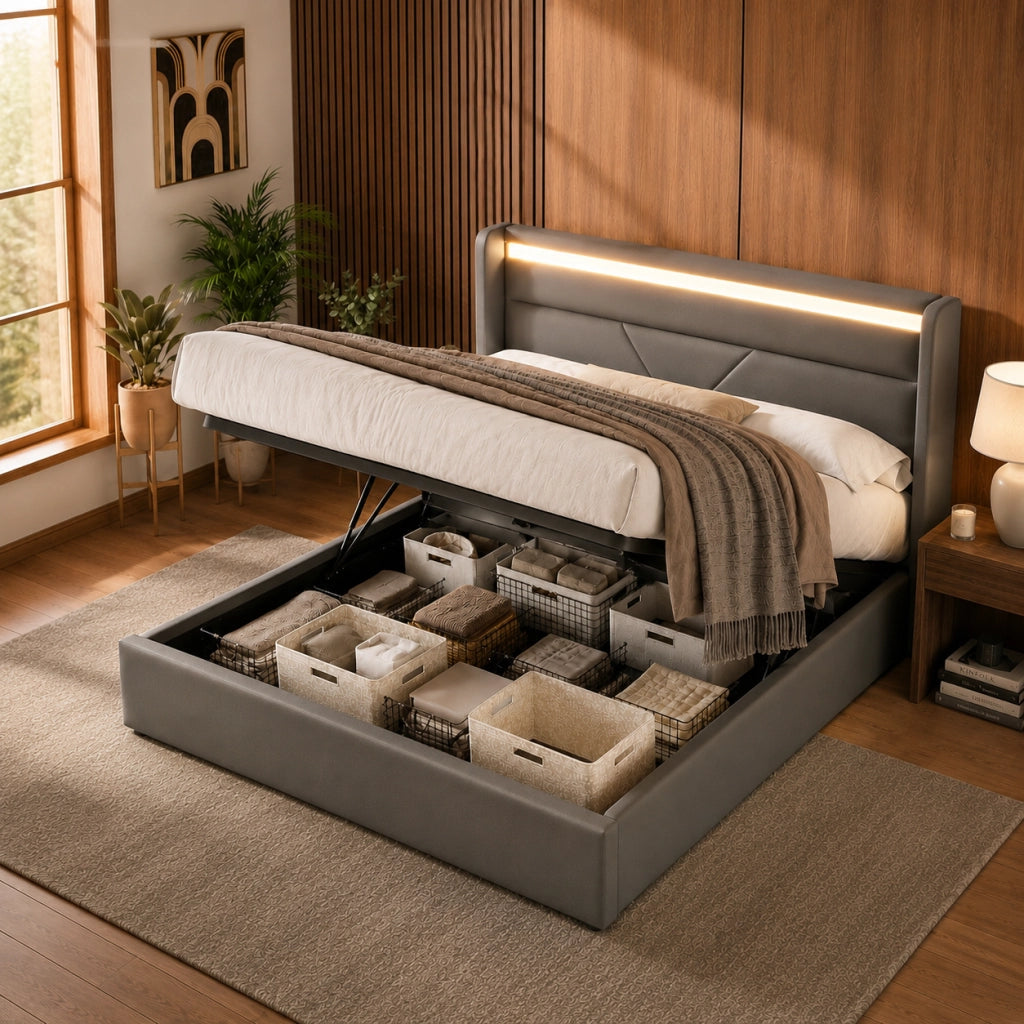 LETTO Contenitore 140x200 cm in PU Grigio con LED e telecomando