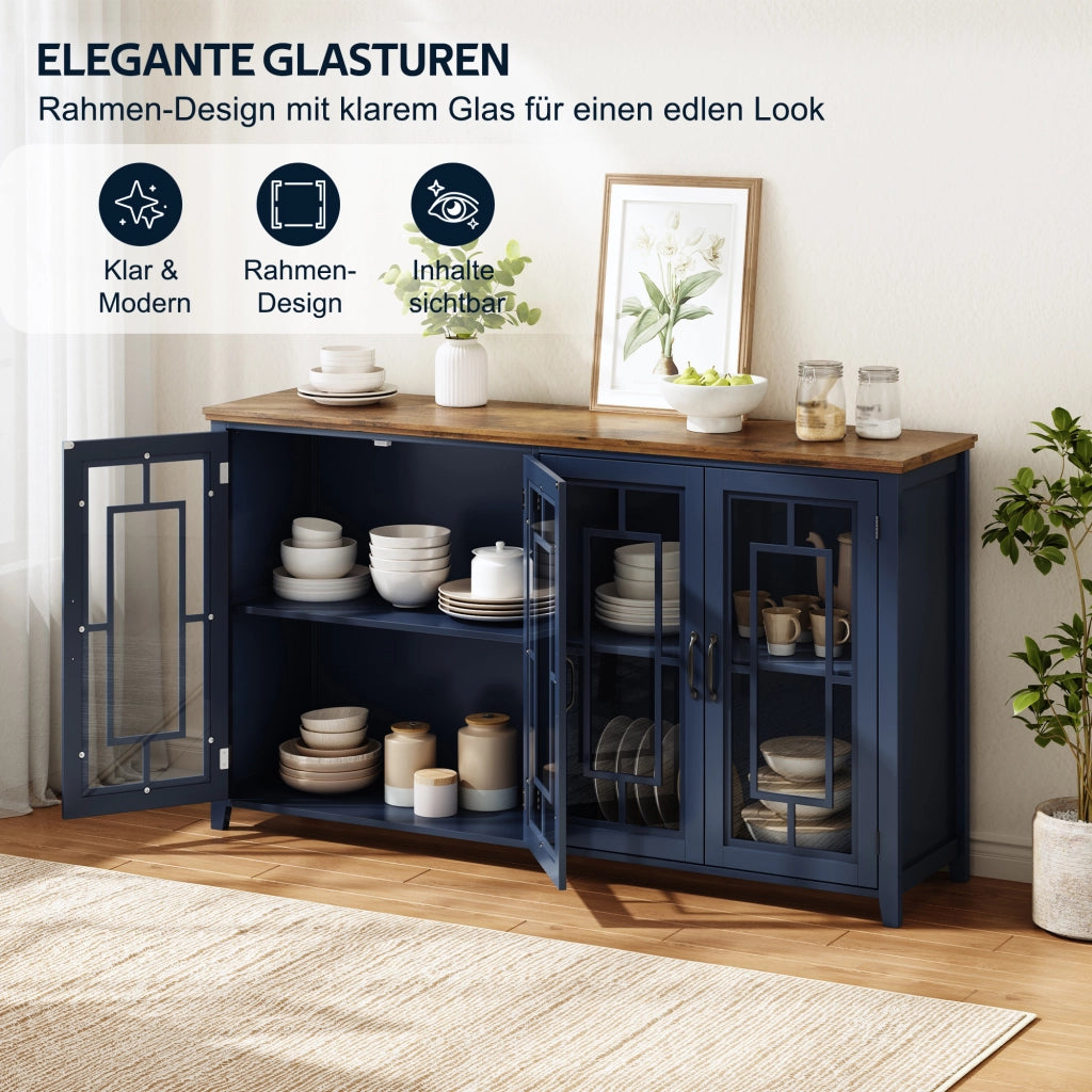 Credenza e madia con ante in vetro, 2 vani, piano effetto legno, in MDF, per cucina e soggiorno 160 × 40 × 86 cm