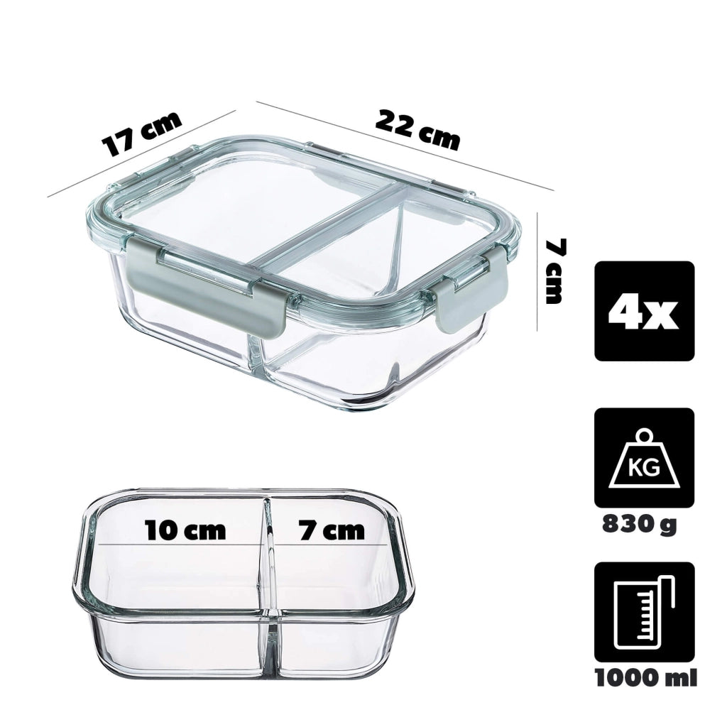 Set di 4 contenitori per alimenti in vetro KADAX da 1 litro con divisori, ideali per il pranzo.