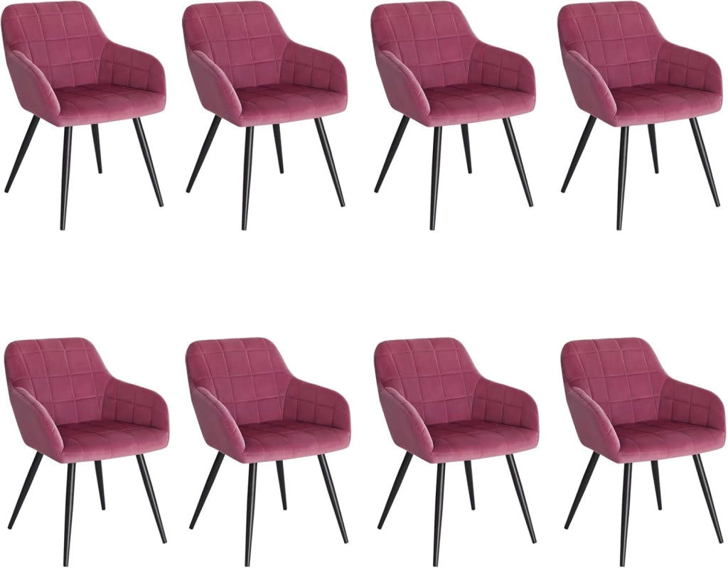Set di 8 Sedie per Sala da Pranzo Imbottita, Poltroncina in Velluto,Sedia da Cucina con Braccioli e Schienale, Gambe in Metallo, moderne, Bordeaux, BH93bd-8