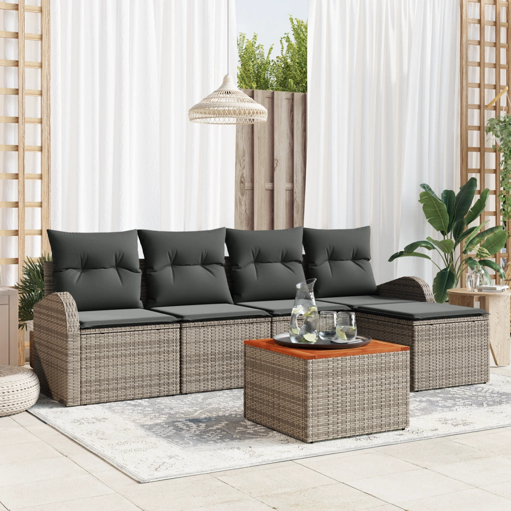 Set di Divano da Giardino 6 Pezzi con Cuscini Grigi in Polirattan e Acacia