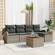 Set di Divano da Giardino 6 Pezzi con Cuscini Grigi in Polirattan e Acacia