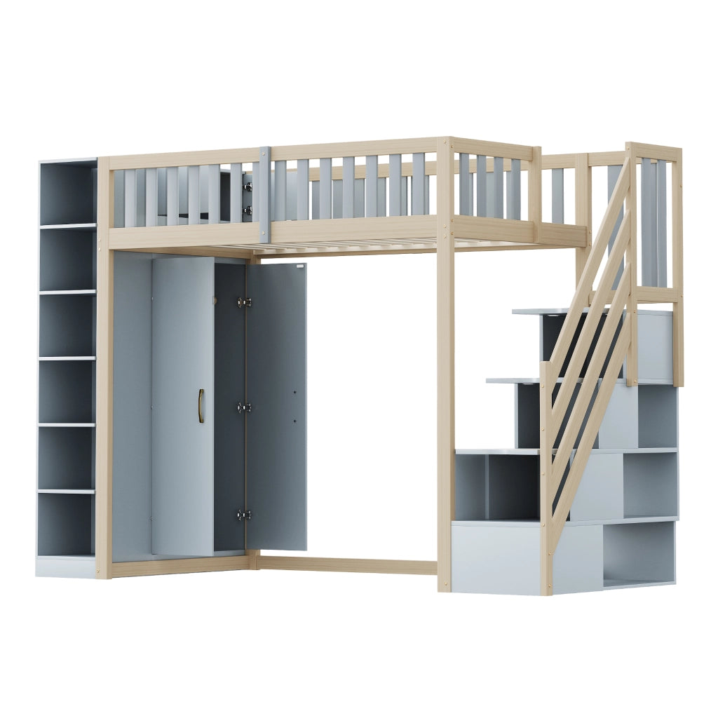 LETTO A CASTELLO 90 x 200 cm con armadio, scaffali e scala di sicurezza, grigio/legno