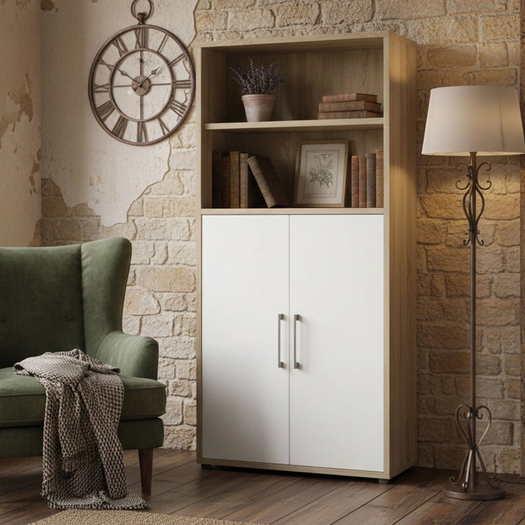 Credenza Saotome, Buffet da soggiorno, Madia da salotto, Dispensa da cucina, 89x40 h186 cm, Quercia e Bianco
