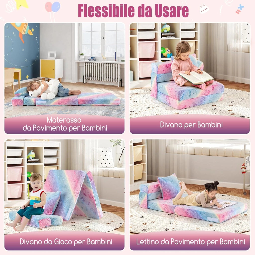 Divano Pieghevole per Bambini, Materasso in Schiuma da Pavimento Luminoso al Buio con Cuscino e Copertura Lavabile in Lavatrice, Letto per Bambina