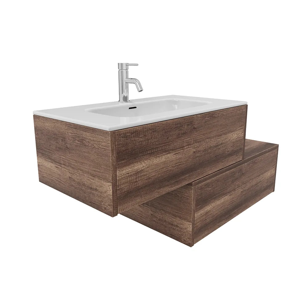 Mobile bagno sospeso modulare 80cm due cassetti apertura push&pull rovere barok con lavabo | Galdor