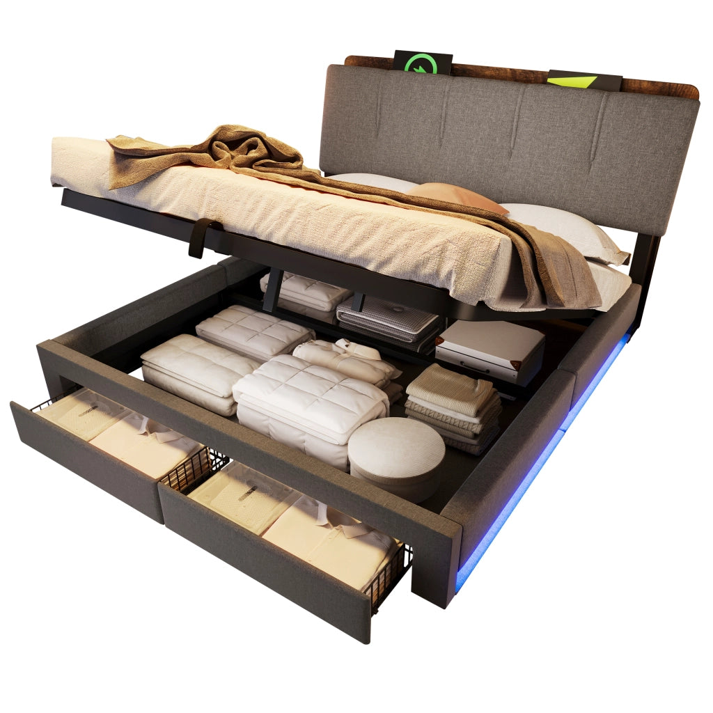 Letto imbottito idraulico con USB LED 140x200 cm colore grigio lino