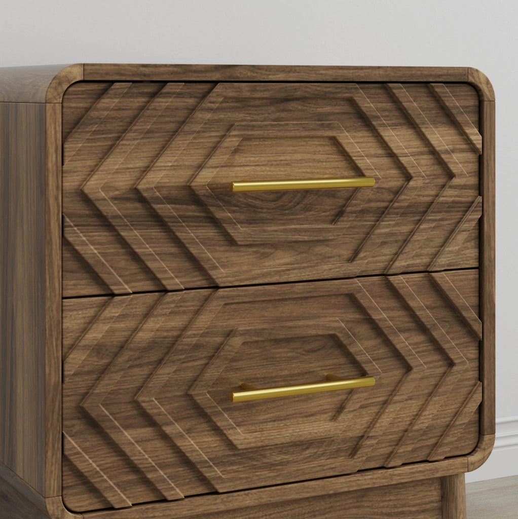 Comodino in MDF con 2 cassetti geometrici; marrone noce