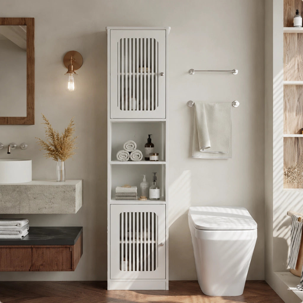 Armadio bagno alto bianco con ripiani regolabili e ante a lamelle, mobile salvaspazio da terra
