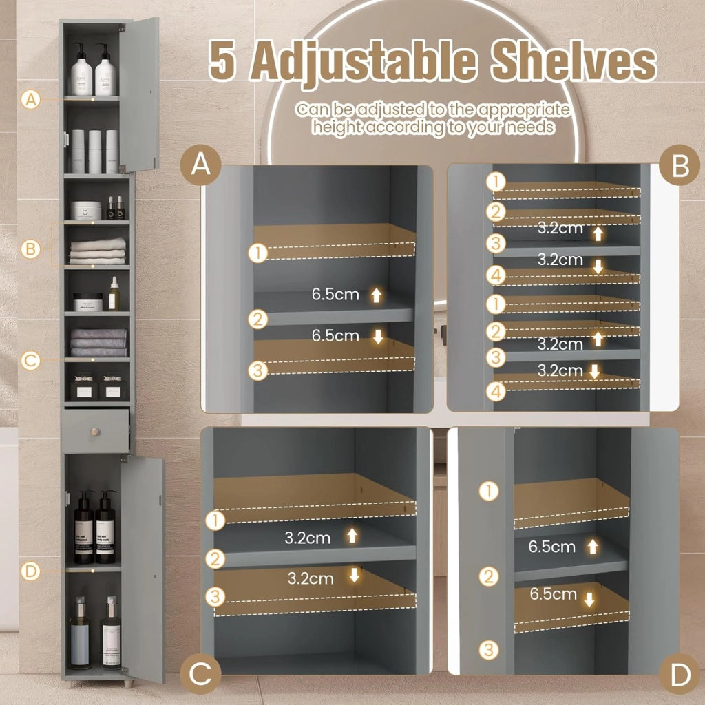 Armadio da Bagno Sottile e Alto con Ante, Mobiletto Bagno Salvaspazio Cassetto e Ripiani Regolabili, Design Moderno, 20 x 20 x 180 cm, 4 Colori