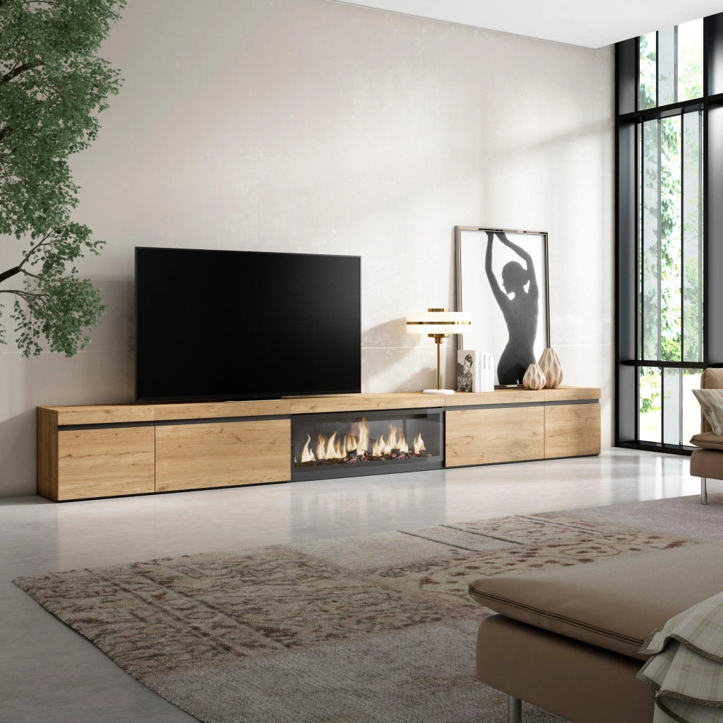 Mobile TV Soggiorno, 368x35x45, Camino elettrico XXL, colore Rovere RF3692