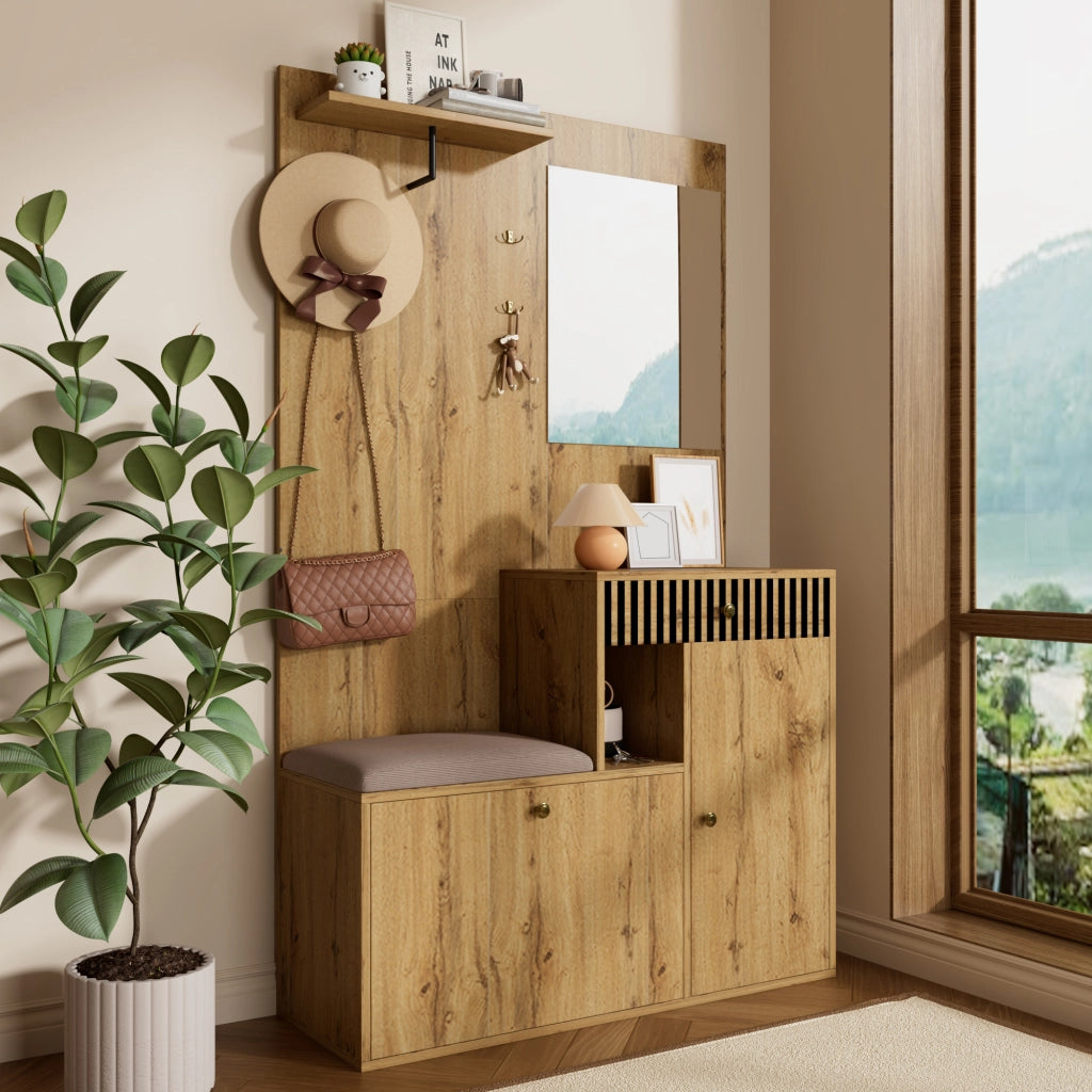 Mobile Ingresso con Specchio; 2 Ante; 1 Cassetto e Seduta Imbottita; Ripiani Regolabili; in MDF; Nero e Legno; 110??37??185;5 cm