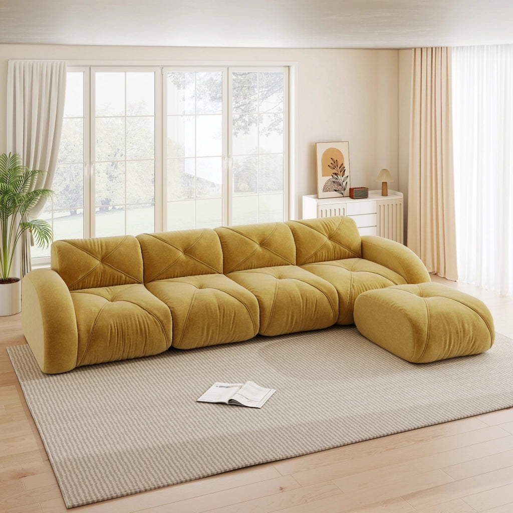Divano angolare modulare a 4 posti senza montaggio con base antiscivolo in chenille gialla 358 × 171 × 76 cm
