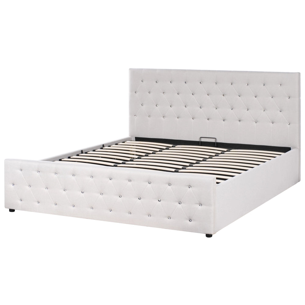 Letto matrimoniale imbottito in poliestere beige con testata imbottita con pouf 180 x 200 cm testiera doppia trapuntata