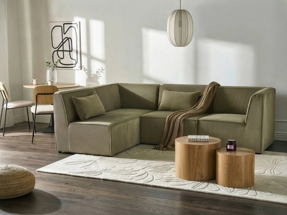 Divano modulare lato destro 4 posti con Ottomana in Velluto a coste verde design moderno soggiorno