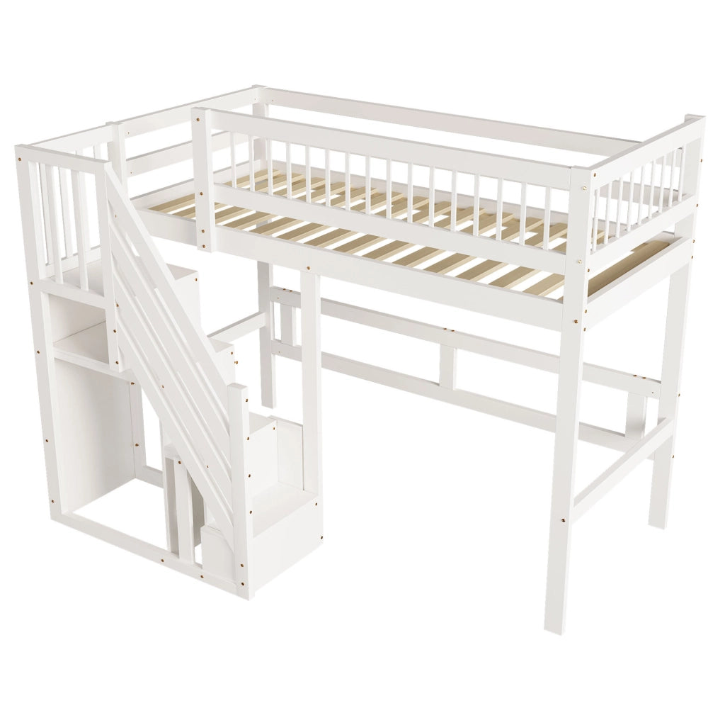 LETTO singolo 90x200 cm con scala contenitore, bianco