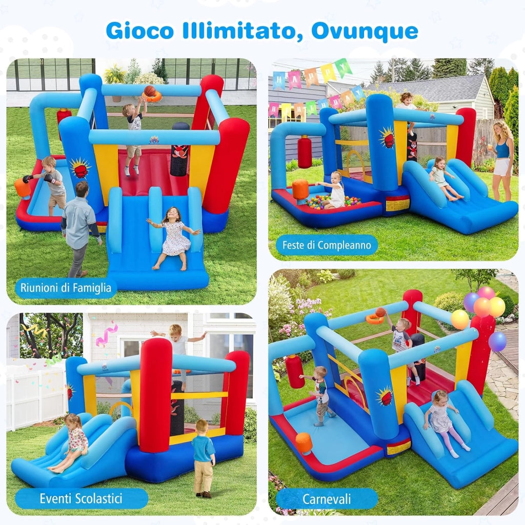 Castello Gonfiabile per Bambini con Soffiatore 550W, Casa Gonfiabile con Palo da Boxe, Trampolino, Doppio Scivolo, Piscina di Palline e Canestro da Basket, per Bambini 3-12 Anni