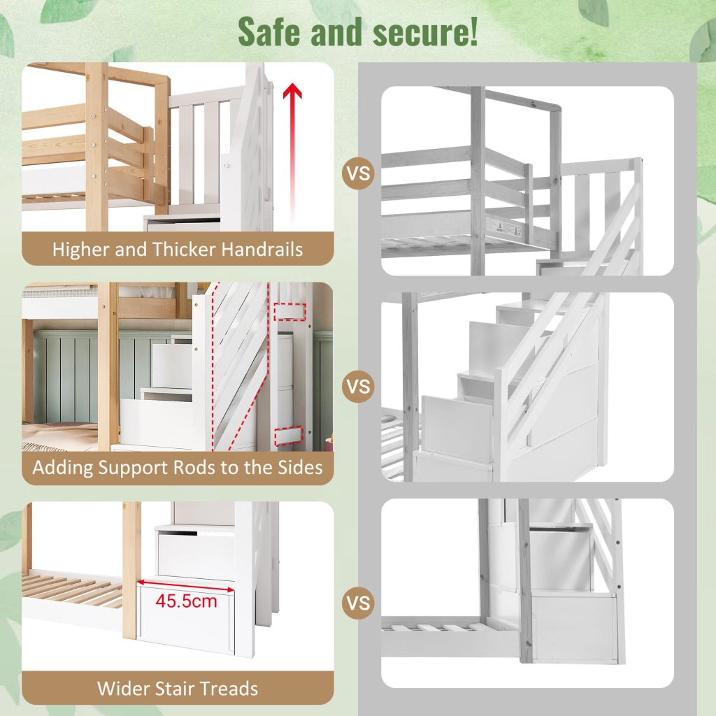 Letto a Castello 90×200 cm; Letto Singolo con Scala Contenitore; Finestre e Sponde; senza Materasso
