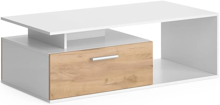 Tavolino da salotto Roland, Rovere bianco/dorato, 118 x 59 cm, con ripiano per la conservazione di riviste