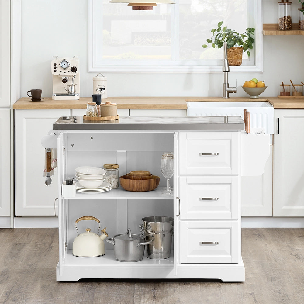 SoBuy | Isola cucina pieghevole in bianco | Carrello cucina a 4 ruote | Cucina a penisola con 2 porte | 128.0x71.0x91.0 cm | Capacità di carico 94 kg | FKW41-II-ST