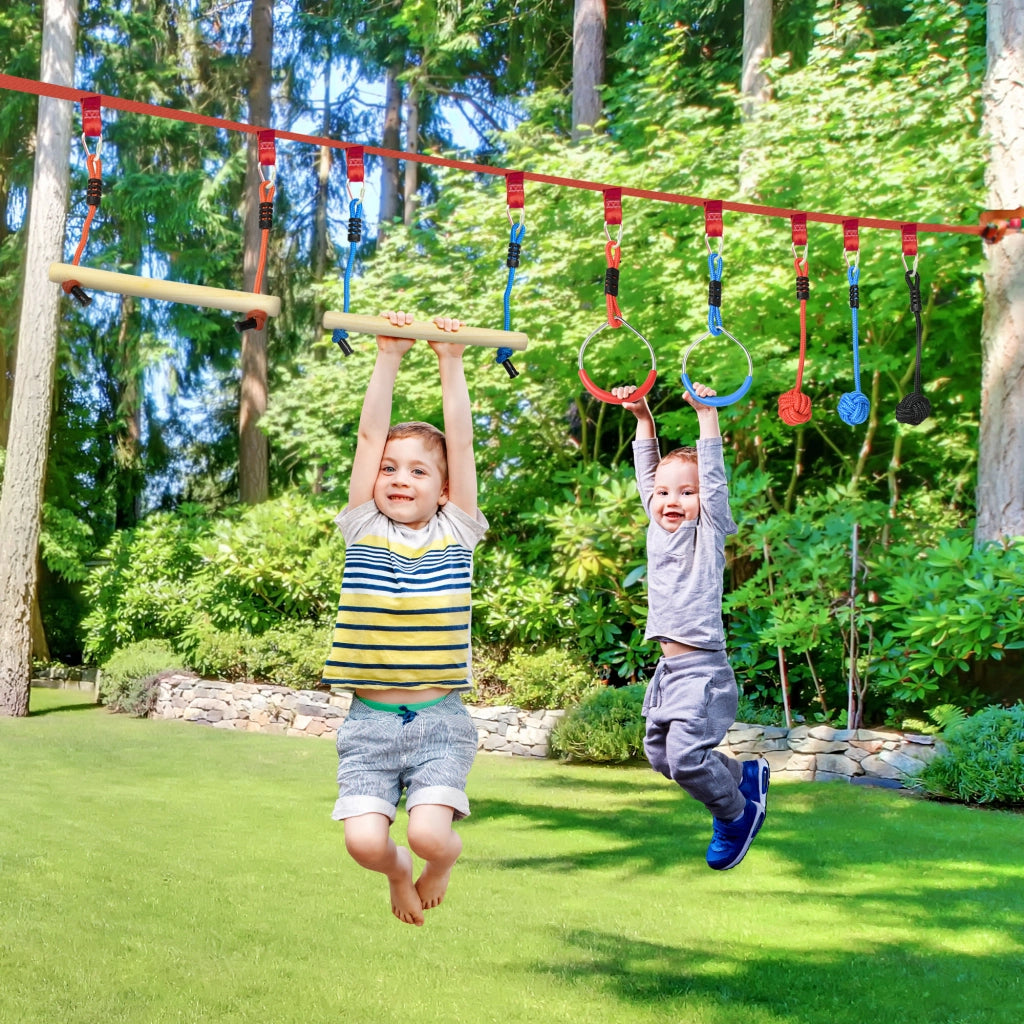 Percorso ostacoli ninja per bambini ¨C Xylo ¨C 30 accessori con slackline 10m blu nero rosso